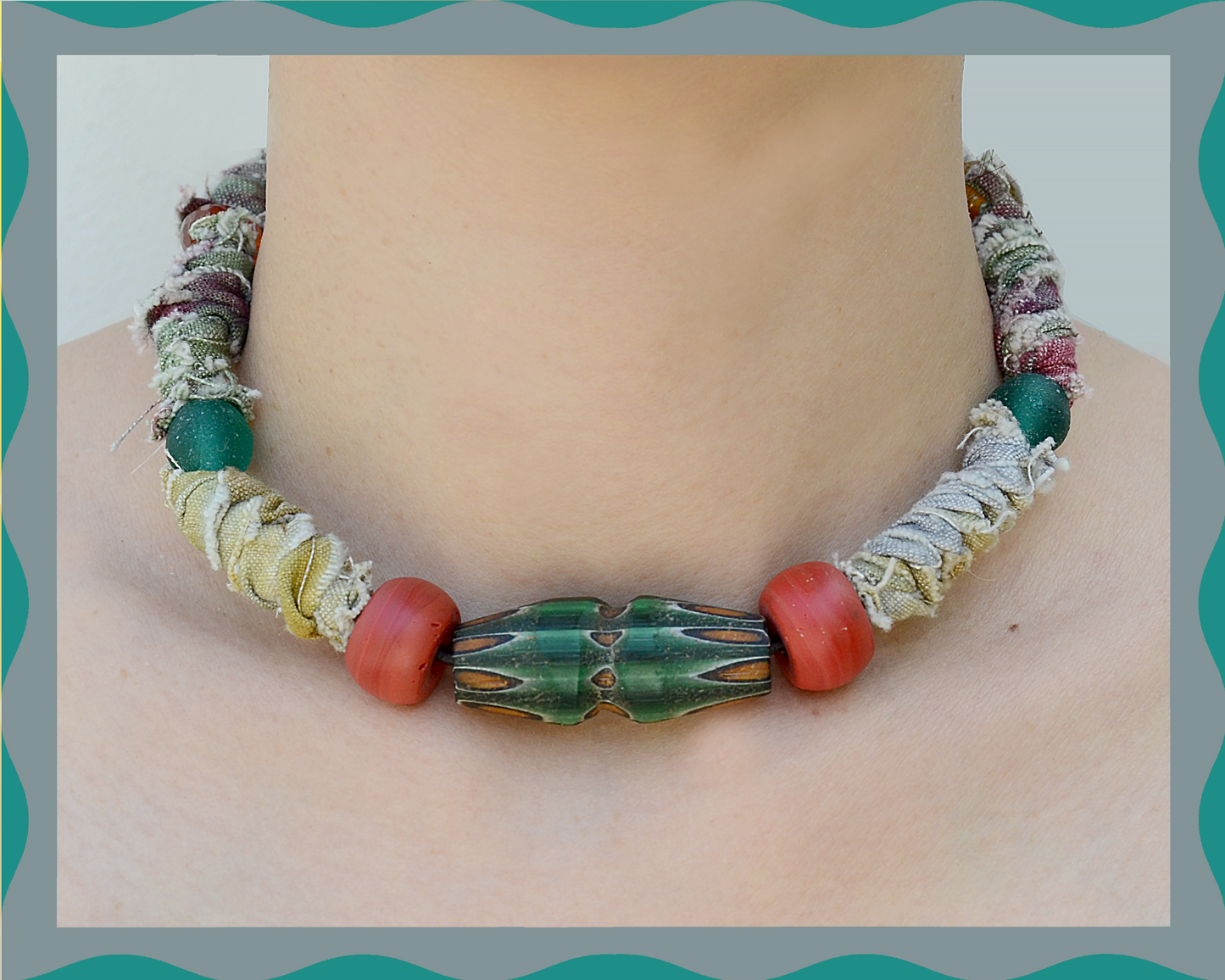 ✨ Luma (Dusty Green): Matching Human & Pet Jewelry Sets ✨ Handwoven Colorful Cord Necklaces • Bracelets • Earrings • Phone Chains | Hand-Dyed Boho Fabric & Nepalese Antique Glass Beads| Pet-Friendly • Stylish • Unique