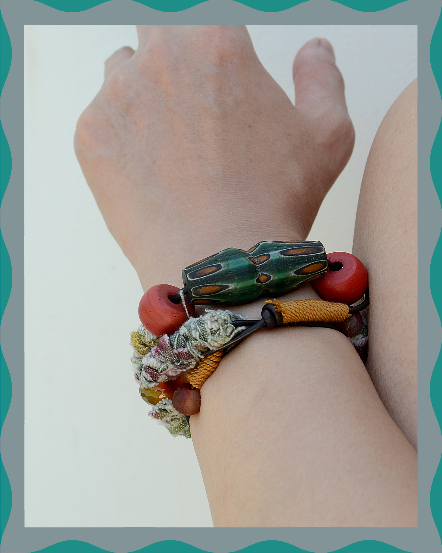 ✨ Luma (Dusty Green): Matching Human & Pet Jewelry Sets ✨ Handwoven Colorful Cord Necklaces • Bracelets • Earrings • Phone Chains | Hand-Dyed Boho Fabric & Nepalese Antique Glass Beads| Pet-Friendly • Stylish • Unique