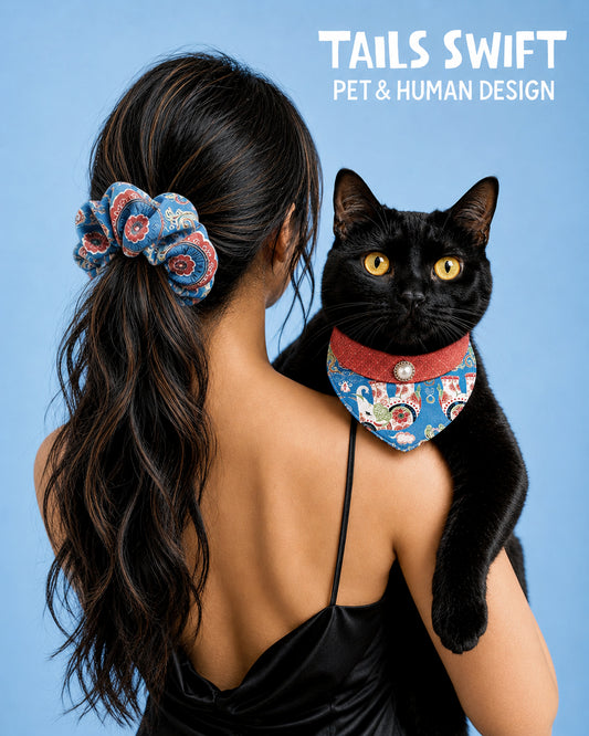 ✨Matching Pet Bandanas & Scrunchies - Royal Blue Chinese Style Pet Collar