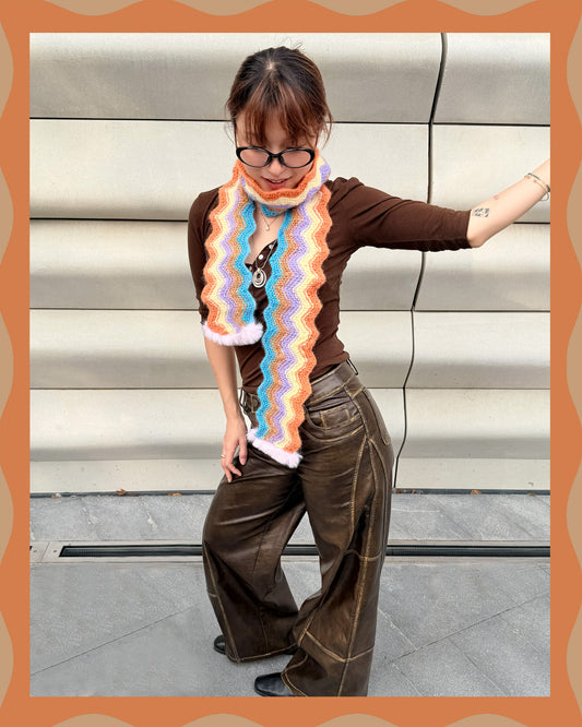 ✨Wave Knit Human Scarf – Handmade Cocoa Sunset(Mohair blend)