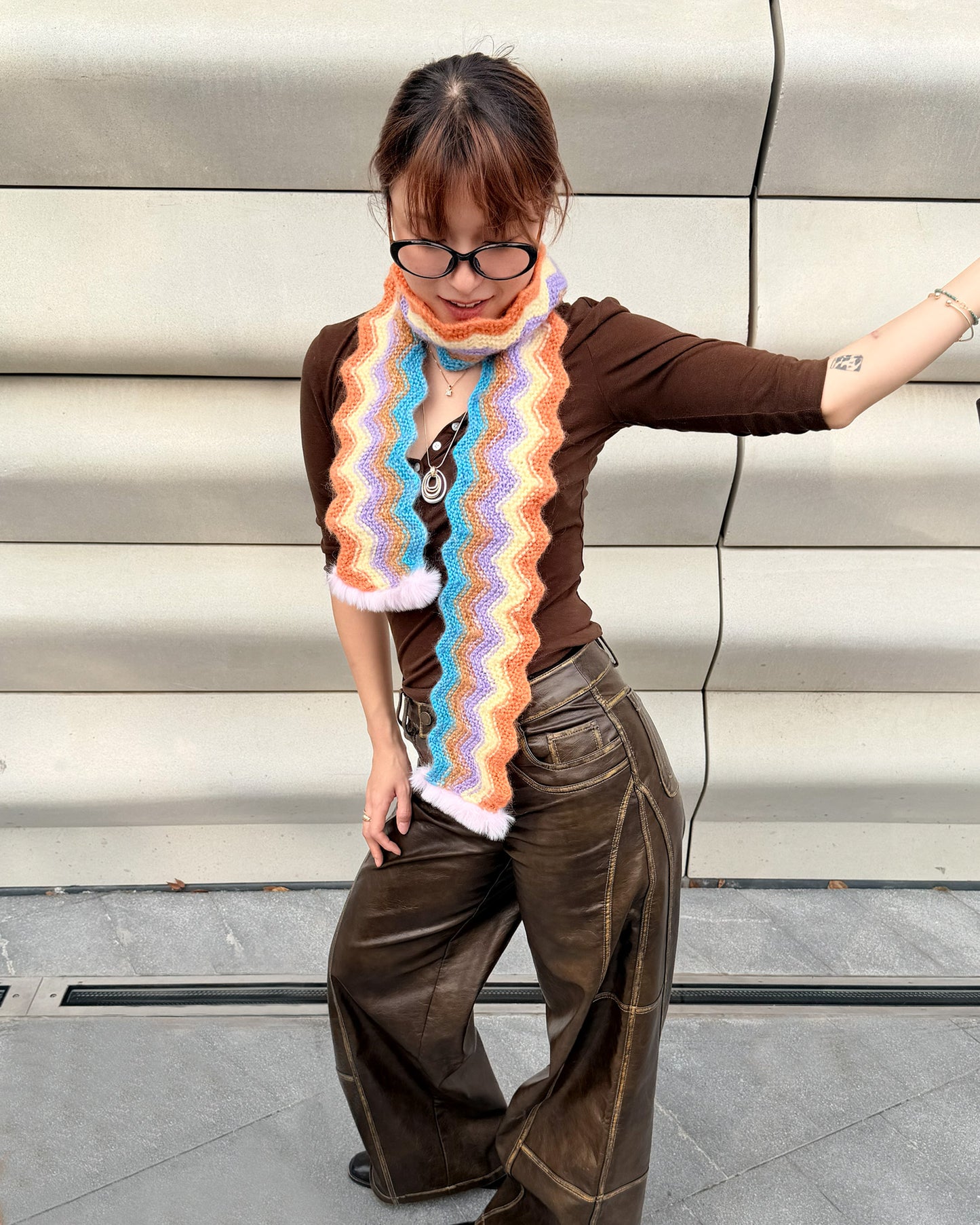 ✨Wave Knit Human Scarf – Handmade Cocoa Sunset(Mohair blend)