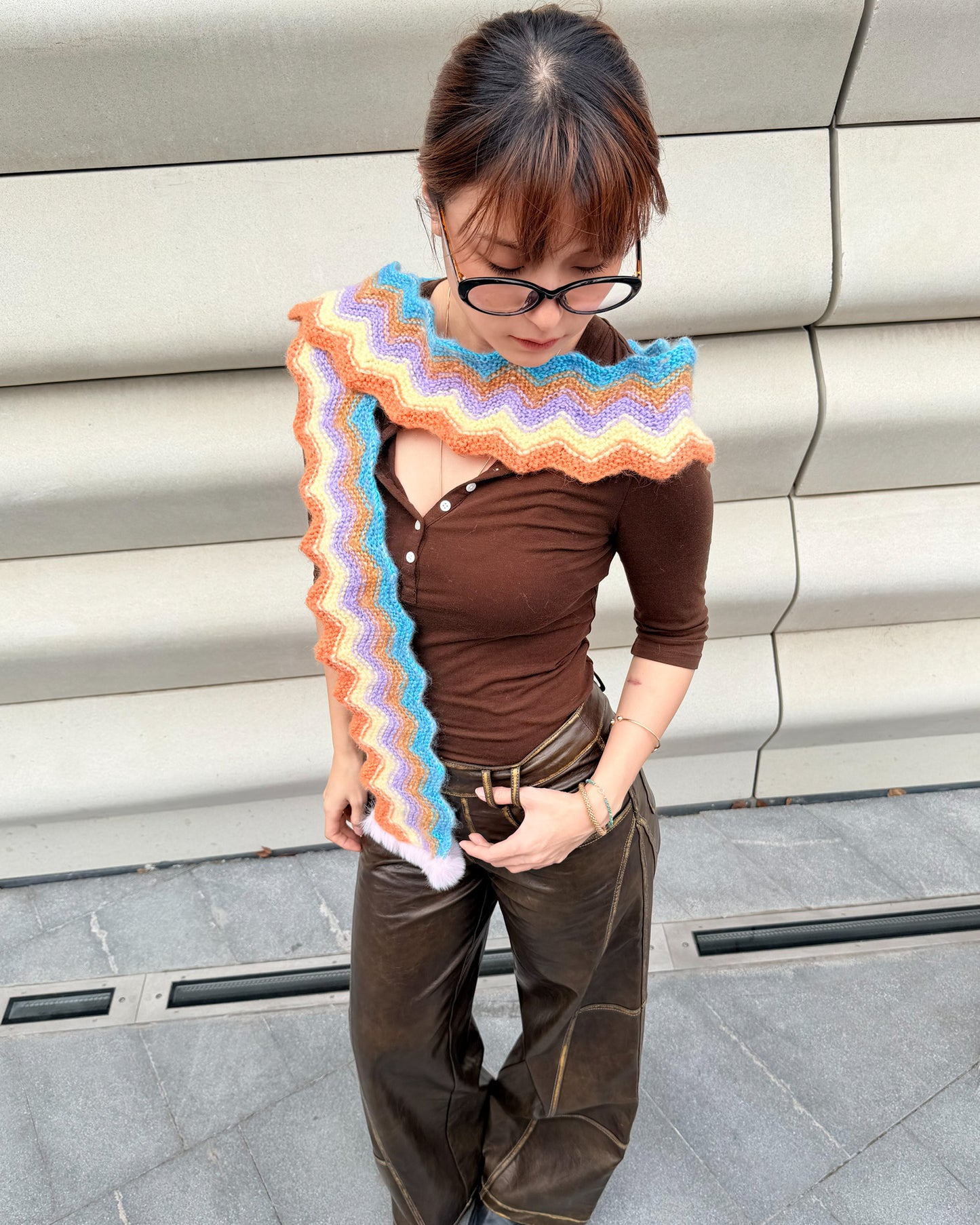 ✨Wave Knit Human Scarf – Handmade Cocoa Sunset(Mohair blend)