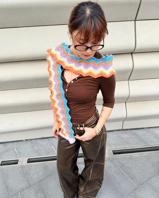 ✨Wave Knit Human Scarf – Handmade Cocoa Sunset(Mohair blend)